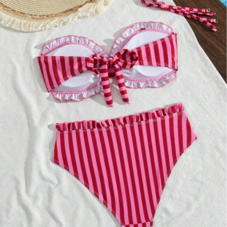 Strapless Bikini Set Women Striped Ruffle Bow Front Padded Top High Waist Briefs Two Piece Swimwear Beach Swimsuit Bikini Set