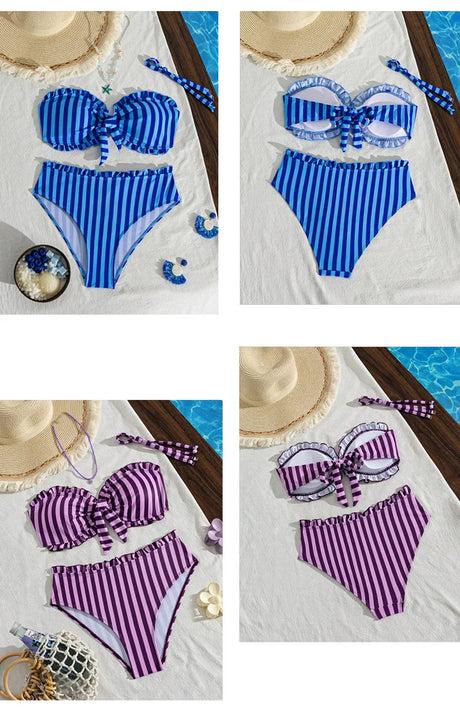Strapless Bikini Set Women Striped Ruffle Bow Front Padded Top High Waist Briefs Two Piece Swimwear Beach Swimsuit Bikini Set
