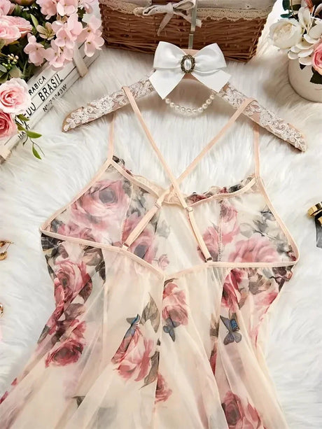 Women Floral Spaghetti Strap Nightdress Back‑cross Chemise Romantic Sleepwear for Valentine Honeymoon Dating Bedroom Loungewear