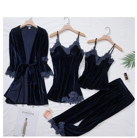 TOP Casual Velour Home Clothing 4pcs Sleep Set Intimate Lingerie Women Pajamas Suit Long Sleeve Lace Velvet Homewear Pyjamas Set