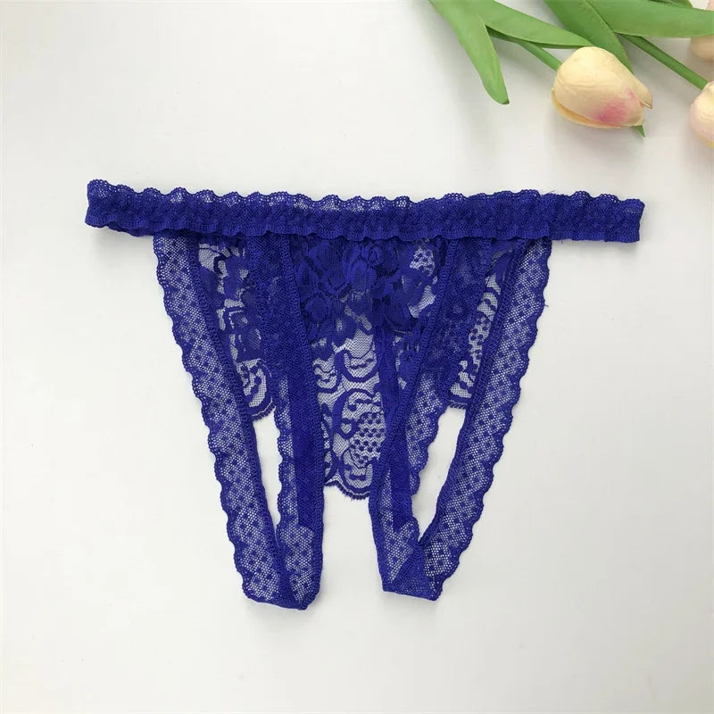 Customized Crystal Name Letters Women's Sexy Breathable Lace Underwear Low Waisted Opening Thong Bikini Erotic G-String Panties