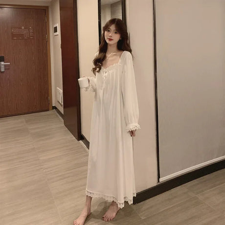 Long Sleeve Princess Style Nightdress Women's Pajamas Lace Palace Korean Version Loose Plus Size 2024 New Homewear Birthday Gift