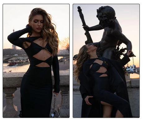 VC 2026 New Sexy Cutout Dresses For Women Sexy Hollow Out Design Long Sleeves Black Gowns Special Events