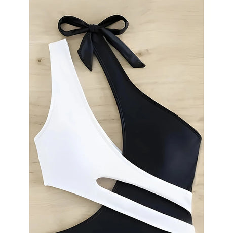 Sexy Swimwear Women Color Block Hollow Out Design One Shoulder Bikini Bodysuit Summer Beach Vacation High Cut One Piece Swimsuit