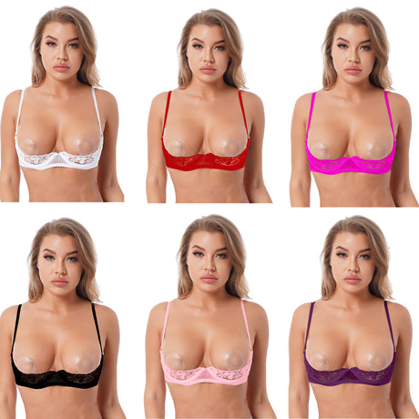 Women's Sexy Open Cup Bra Tops Sheer Floral Lace Underwire Push Up Bralette Cupless Lingerie Exposed Breast Underwear Nightwear