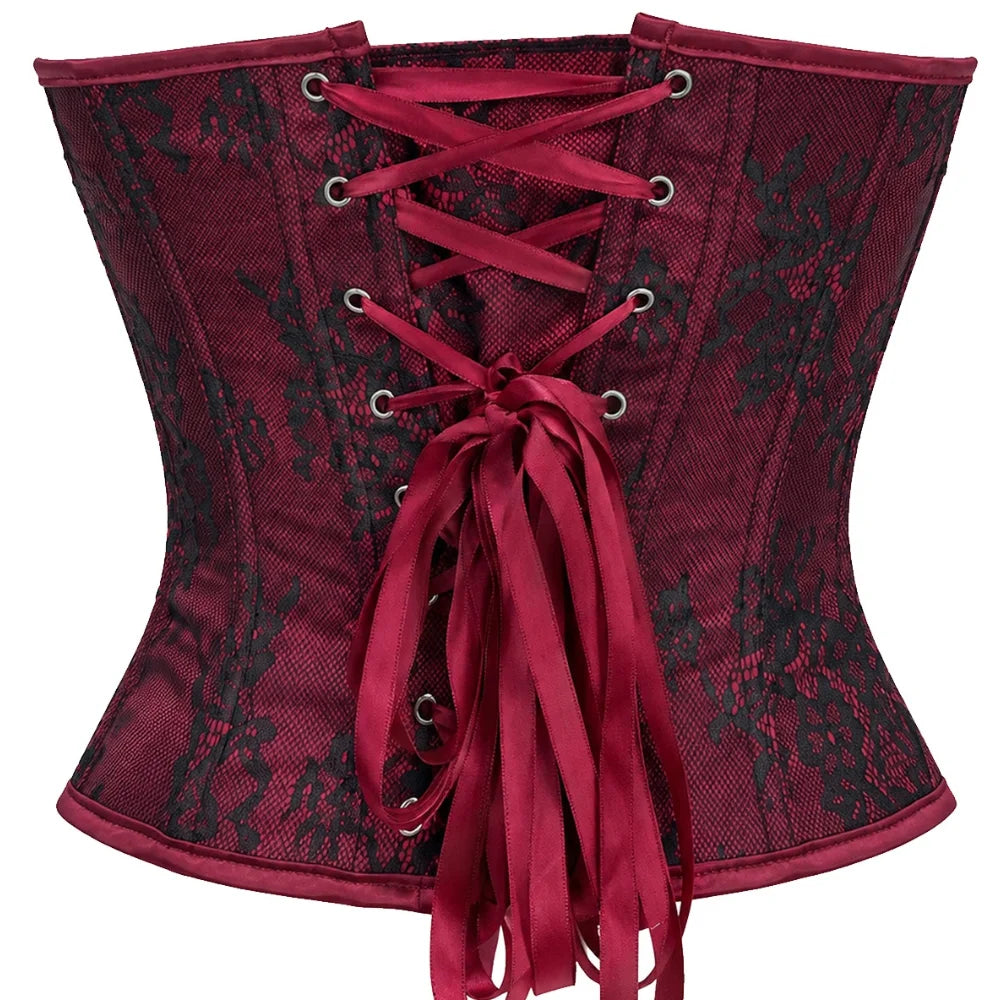 Women's Lace Corset Top Strapless Burgundy Black Molded Cup Back Lace-Up Waist Cincher Push-Up Bustier
