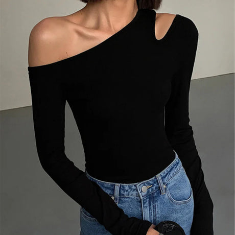 Fashion Skew Collar Off-shoulder Long-sleeved T-shirts Women Spring 2023 New Solid Slim Fit Crop Top Sexy Hollow Out Tees Shirts