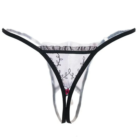 Women Sexy Crotchless Thong with Pearl Pendant Lace Embroidery Transparent G-string Tanga Underwear Lingerie