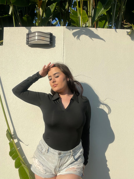 Women Sexy Long Sleeve Bodysuit Turn-down Collar V Neck Shapewear Tummy Control Butt Lift Shirt Seam-free Compression
