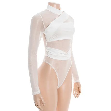 New 2026 White Bandage Bodysuit Women Mesh Transparent Sexy Slim Stretchy Jumpsuit Top T-shirt Long Sleeve Design 66005