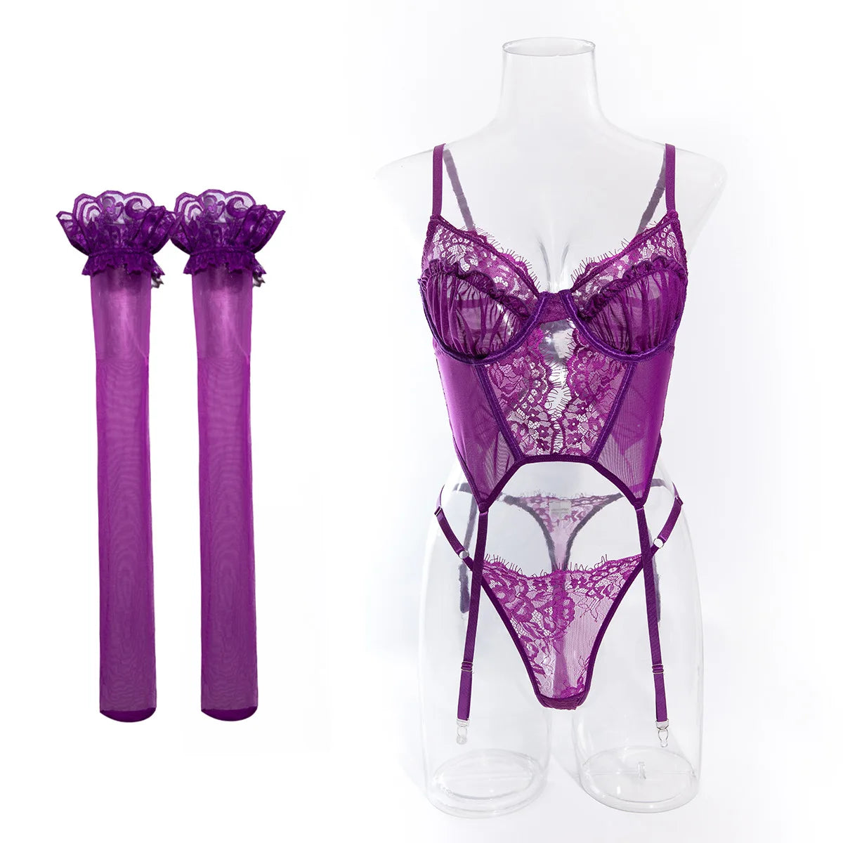 Sexy Purple Eyelash Lace Lingerie Set 3Pcs Mesh Transparent Fishbone Bustier Bra Panty with Stockings Sensual Underwear