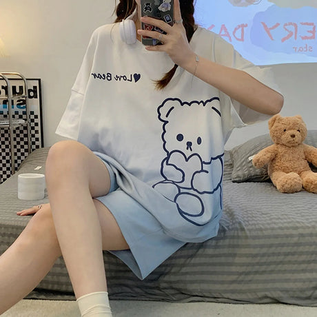 Women's Loose Fit Cartoon Bear Pajamas Set Summer Short Sleeve Gradient Casual Homewear Sleepwear