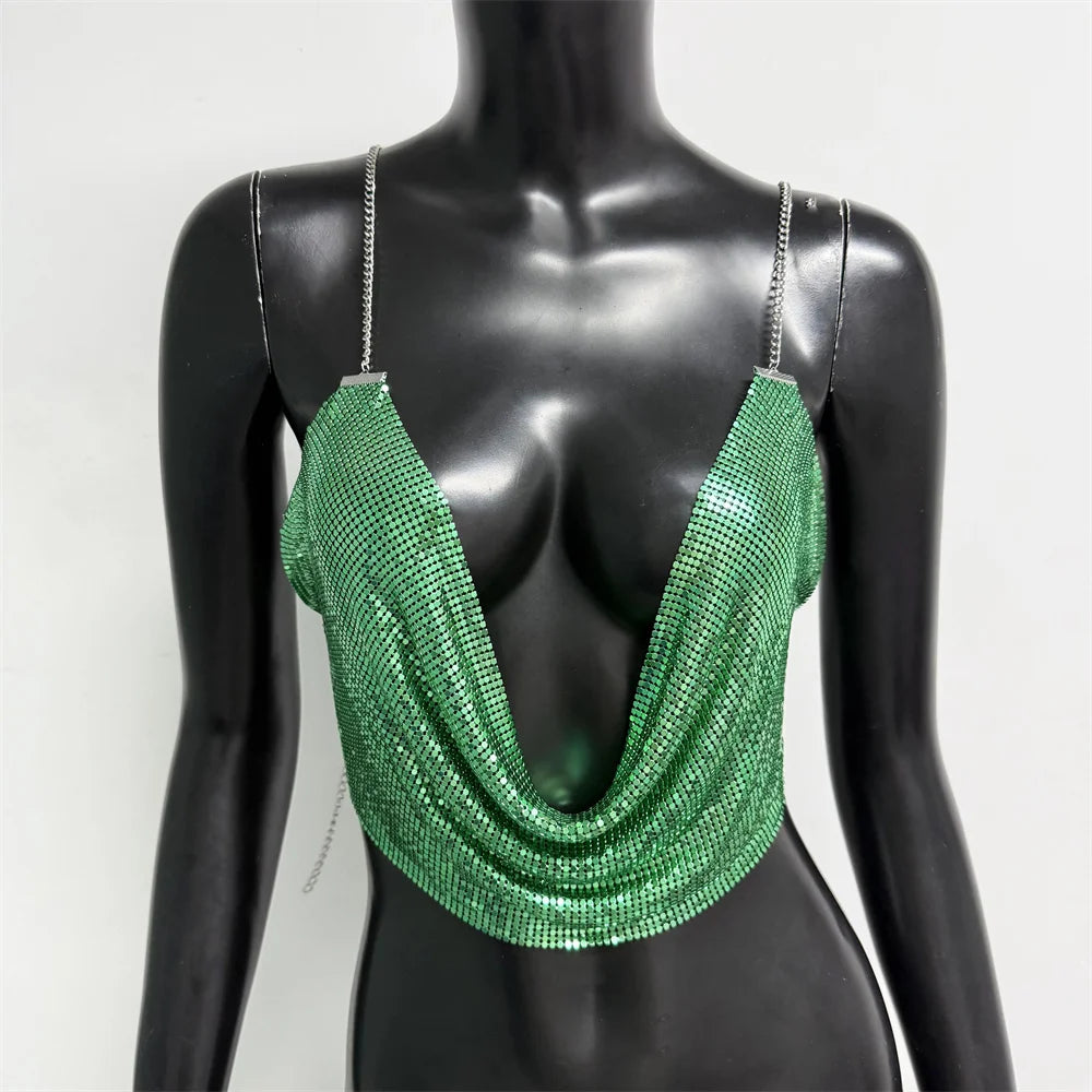 Fashion Metallic Sequins Party Tank Top Sexy Deep V Neck Backless Spaghetti Straps Sling Crop Top 2024 Rave Nightclub Camisole