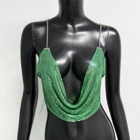 Fashion Metallic Sequins Party Tank Top Sexy Deep V Neck Backless Spaghetti Straps Sling Crop Top 2024 Rave Nightclub Camisole