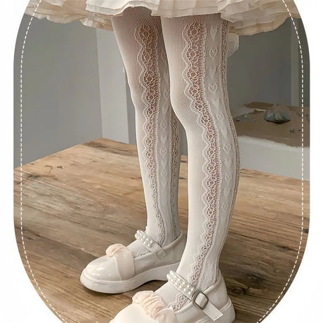Lolita Girls Vertical Stripe Lace Mesh Pantyhose Cozy Wear Resistant Elastic Knit Elegant Sweet Princess Leggings