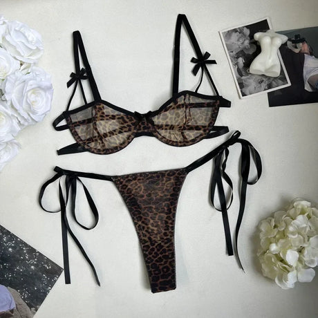 Two Piece Sexy Leopard Women's Lingerie Sets French Ultra Thin See Through Underwire Bra and Panty Erotic Lace Up Bow Underwear