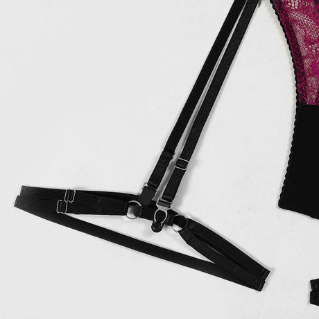 Eyelash Lace 3Pcs Lingerie Set Women Underwire Push Up Sheer Mesh Bra Hollow Strap Garter Belt Thigh Rings Valentine Honeymoon