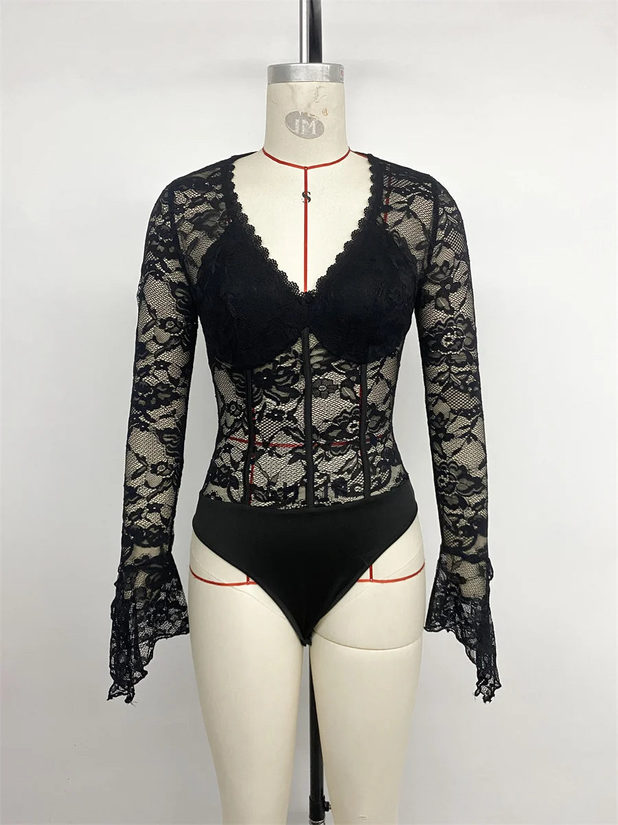 Benuynffy Black V-neck Long Sleeve Bodysuit Women's Sexy See Through Lace Bodys for Women Slim Fit One Pieces Tight Body Top