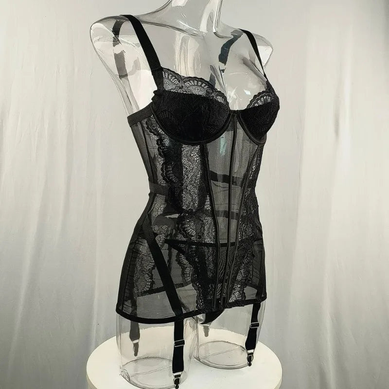 Women's Black Lace Teddy Bodysuit Underwire Corset Garter Straps Sheer Floral Embroidery Sexy Lingerie Party Fashion Outfit