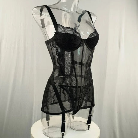 Women's Black Lace Teddy Bodysuit Underwire Corset Garter Straps Sheer Floral Embroidery Sexy Lingerie Party Fashion Outfit