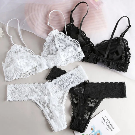 Women Lace Bra and Panties Set Sheer Bralette Low Waist Thongs Triangle Cup Wireless Sexy Lingerie Set Ladies Underwear S-L