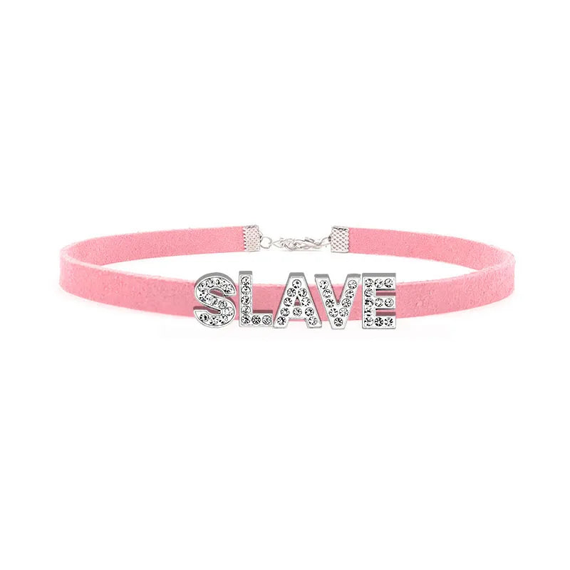 Sexy Rhinestone Letters Hotwife Collar Choker for Women Men DIY Customized Necklaces Pink Suede Leather Cosplay Jewelry Gift