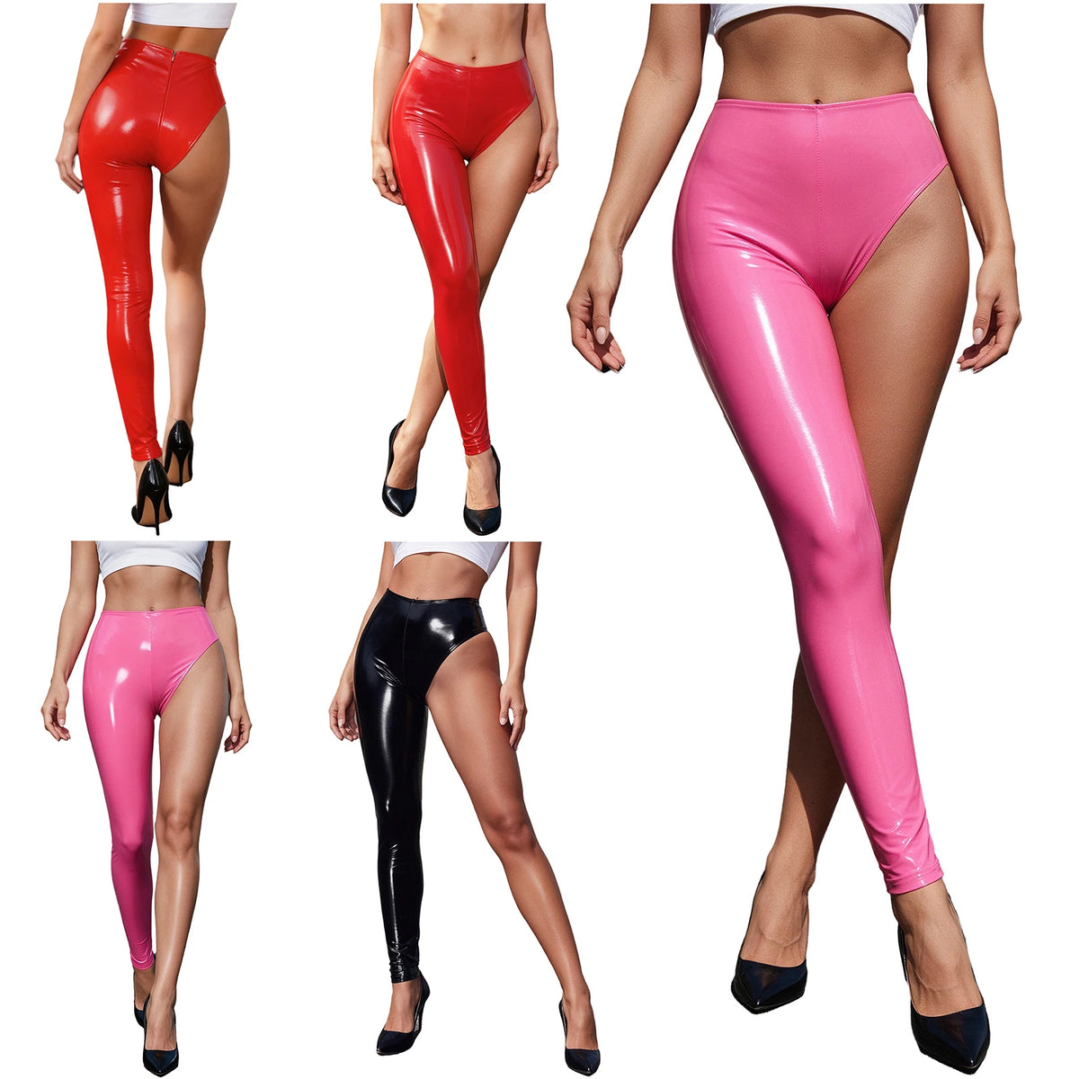 Womens Patent Leather Single-leg Pants Clubwear Glossy High Waist Leggings Tights Trousers for Rave Nightclub Party Pole Dance
