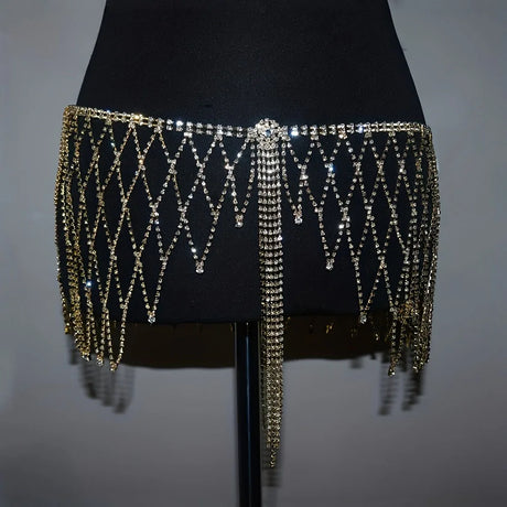 Sexy Mesh Tassel Pendant Waist Chain Dance Skirt Nightclub Sparkling Crystal Body Chain Waist Chain Jewelry