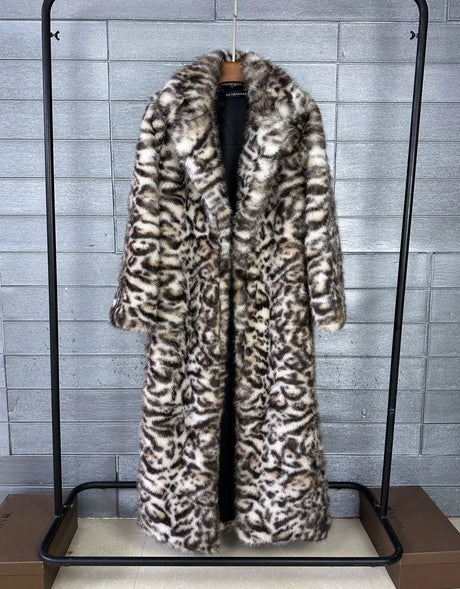 ZADORIN 130cm Long Thicken Lapel Cow Print White Brown Faux Fur Coat Woman Clothing Luxury Fluffy Jacket Winter Fur Coats Woman