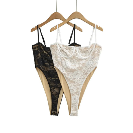 Sexy Black Floral Lace High Split Bodysuit Spaghetti Strap Elastic Slim High-Cut Tops Jumpsuits