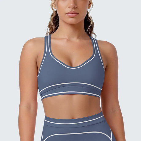 Women's Yoga Bra Vest Fitness Tank Running Workout Gym Top Push Up Padded Soft Slim Contrast Piping Racerback Sports Underwear