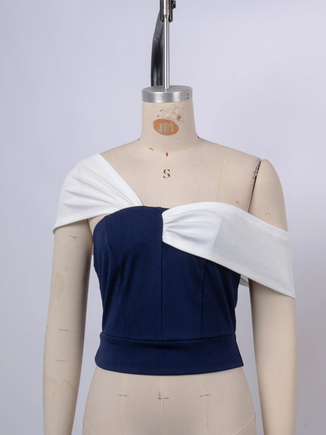 Chic One Shoulder Twisted Color Block Navy White Slim Fit Crop Blouse, Tube Top For Party & Daily Women