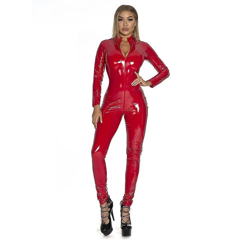 Women's Sexy Faux Latex Jumpsuit Shiny Patent Leather PVC Catsuit Bodycon High Neck Long Sleeve Zip Front Back Slim Fit Clubwear