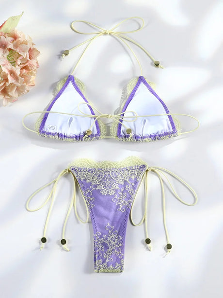 Purple Bikini String Swimsuits 2026 Triangle Bikinis High Cut Swimwear Sexy Swimsuit Patchwork Swimsuit Holiday Beachwear