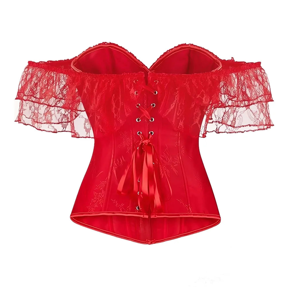 Women Sky Blue Retro Jacquard Corset Tops Lace Short Sleeved One Shoulder Sexy Slimming Shaper Overbust Bustiers Lingerie