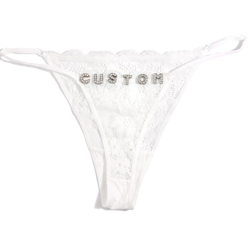 New Hollow Lace Thongs Panties For Women Customize Crystal Letter Name G-string Thong Female Underwear Underpants Birthday Gifts
