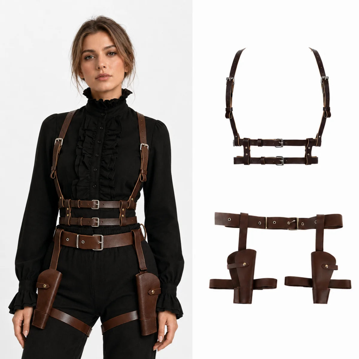 Women Faux Leather Set Steampunk Chest Harness Belt + Thigh Holster Medieval Pirate Cosplay Costume Accessories Halloween