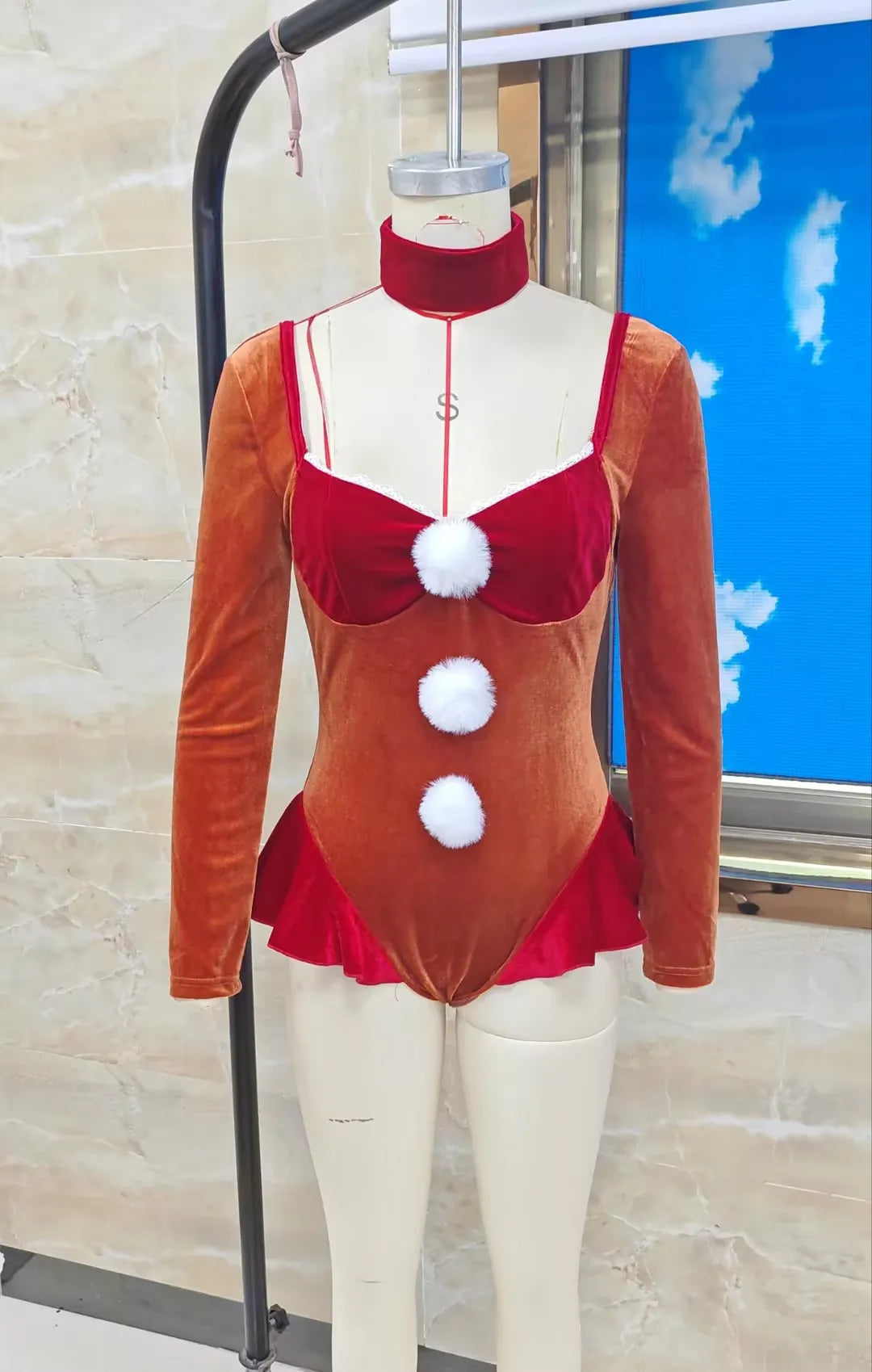 Women Christmas Velvet Bodysuit Long Sleeve Backless Ruffle Hem Jumpsuit With White Pom Poms Xmas Holiday Party Cosplay Costume
