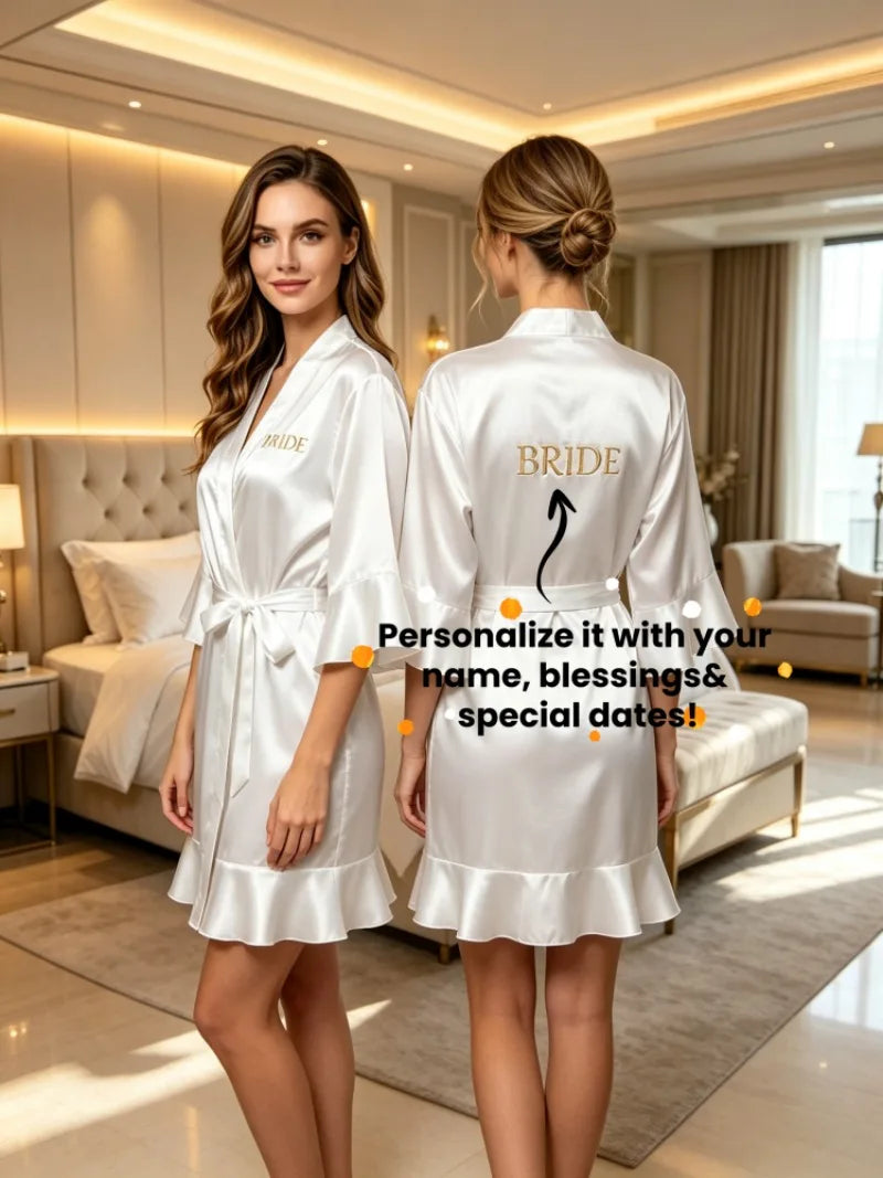 Custom Name Embroidery Satin Kimono Robe Personalized Name Bridesmaid Bride Wedding Getting Ready Morning Robe Bridal Party Gift