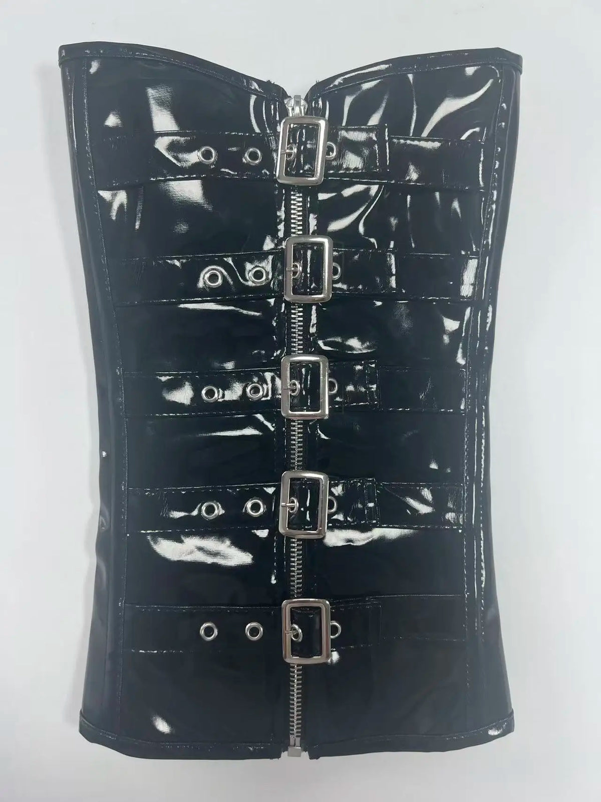 Women's Black PVC Leather Corset Women Sexy Front Zip and Buckle Closure Overbust Bustier Fetish Rock Gothic Steampunk Corselet