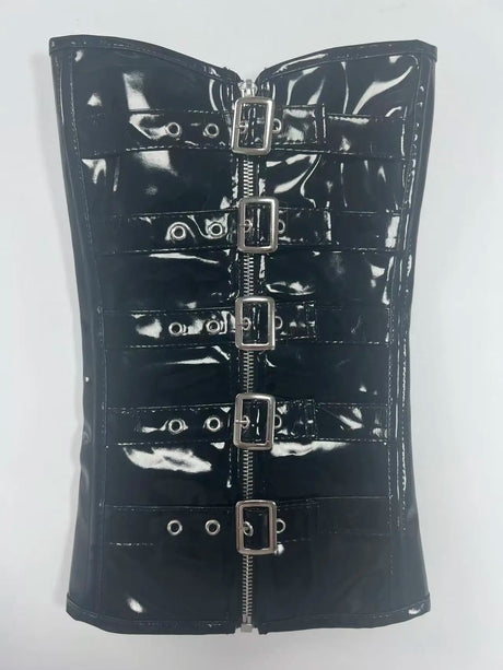 Women's Black PVC Leather Corset Women Sexy Front Zip and Buckle Closure Overbust Bustier Fetish Rock Gothic Steampunk Corselet