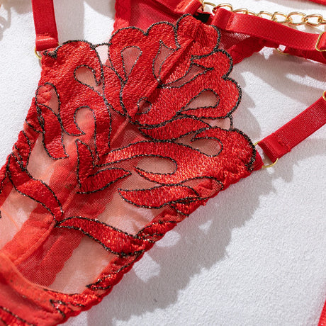 Red Bondage Lingerie Set Women Gold Chain Lace Harness Unlined Underwire Bra Garter Belt Thigh Rings Gothic Punk Exotic Apparel