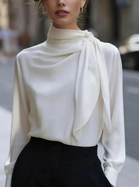 Women High Neck Tie Detail Long Sleeve Satin Blouse Elegant Draped Top for Office or Formal Events