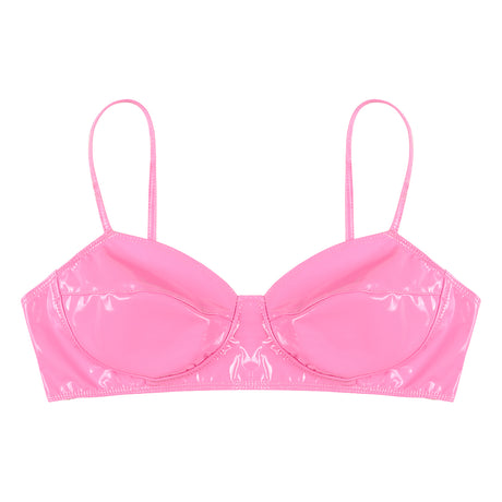 Womens Lingerie Fashion Wetlook Faux Leather Bra Sexy Wire-free No Pad Bra Top Brassiere Raves Pole Dances Costume Clubwear