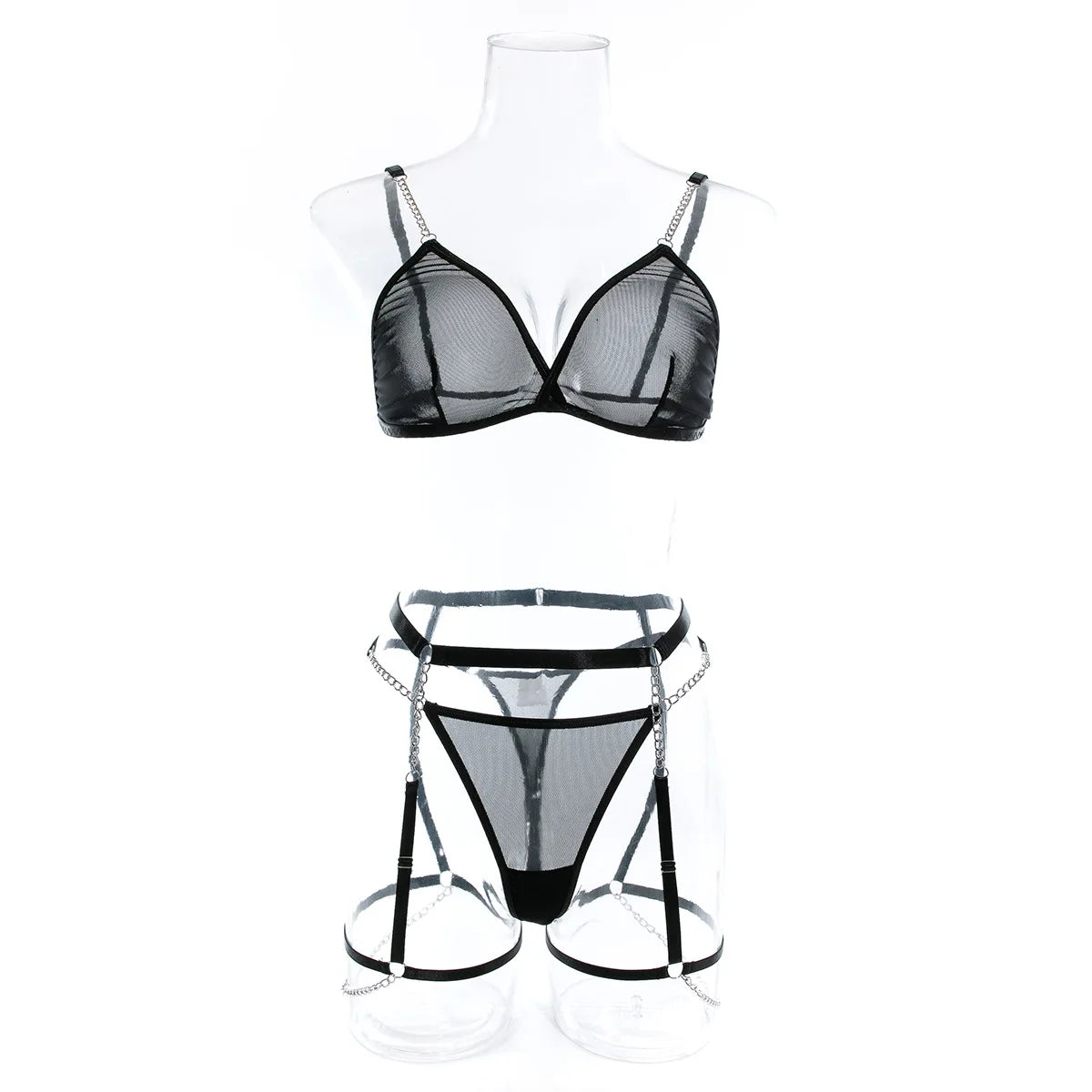 New Sexy Ultra-thin Mesh Bralette And Thongs See-through Metal Chain Decoration 4 Pcs Sexy Lingerie Set Female Underwear