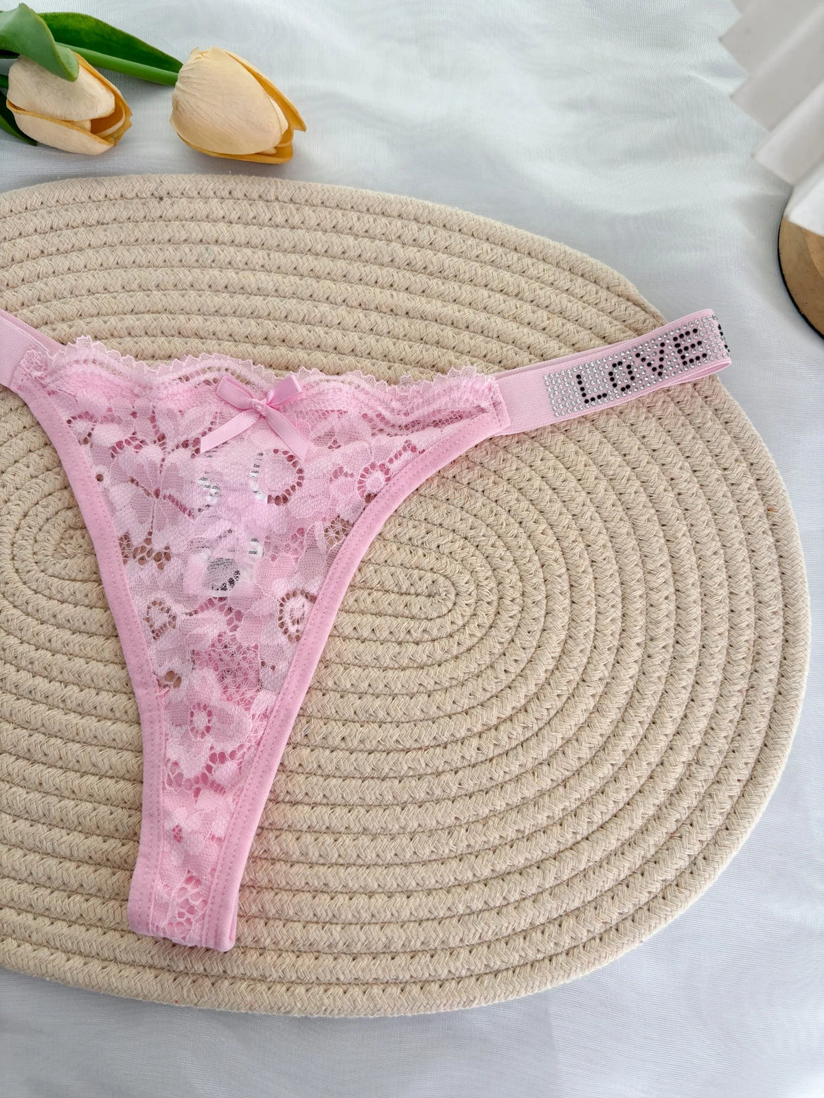 Custom Rhinestone Letter Name Thong Sexy Lace Panties Low-Rise Crystal Letter G-string Personalized Gift Wife Lover Anniversary