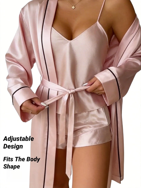 Simple Satin Pajama Set Long Sleeve Belted Robe V Neck Cami Top And Shorts Women's Sleepwear