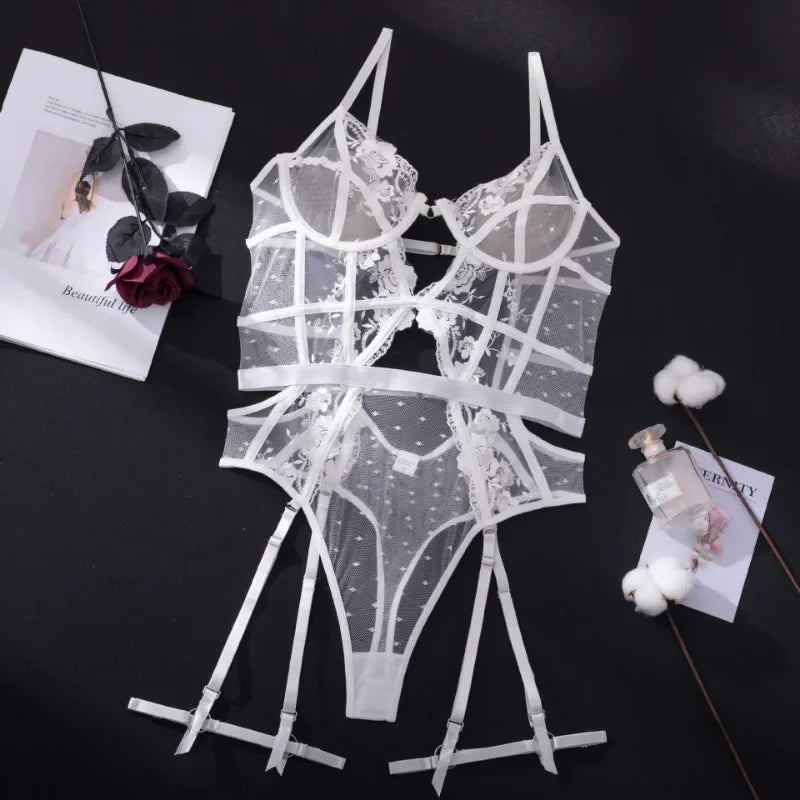 Tornova Lace Embroidery Jumpsuit For Women Mesh Patchwork See-through Sexy Hollow Out Underwear Solid Color Garters Underwear