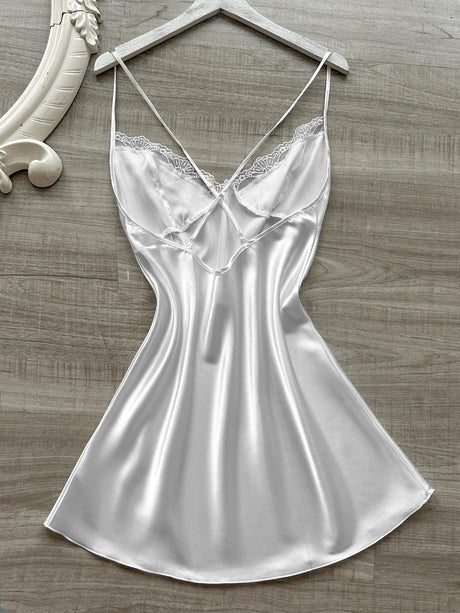 Women's Lace Patchwork Nightgown Sexy Sleepwear Fashionable Halter Dress V Neck Pajamas Solid Color Elegant Lady's Clothes