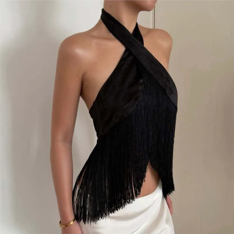 Women Satin Halter Top Asymmetrical Tassel Fringe Crop Top Backless Crisscross Neck Slim Fit Party Club Sleeveless Camisole